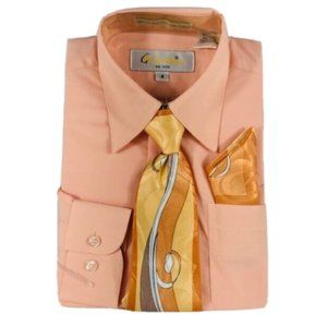Gian Mario Boys Peach Dress Shirt Clip-on Peach Brown Tie Hanky Sizes 4 or 20